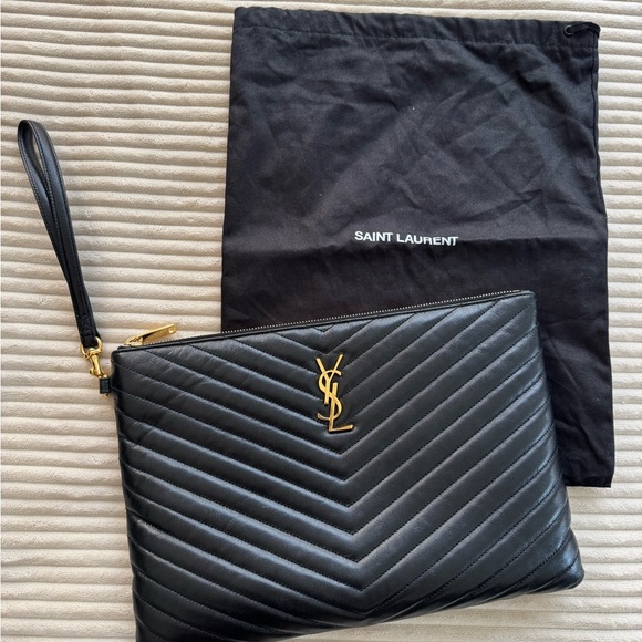 Saint Laurent Black Quilted Chevron Leather Wristlet with Gold YSL Logo